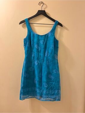 Vintage 90s All That Jazz Turquoise Blue Sleeveless Sheath Dress